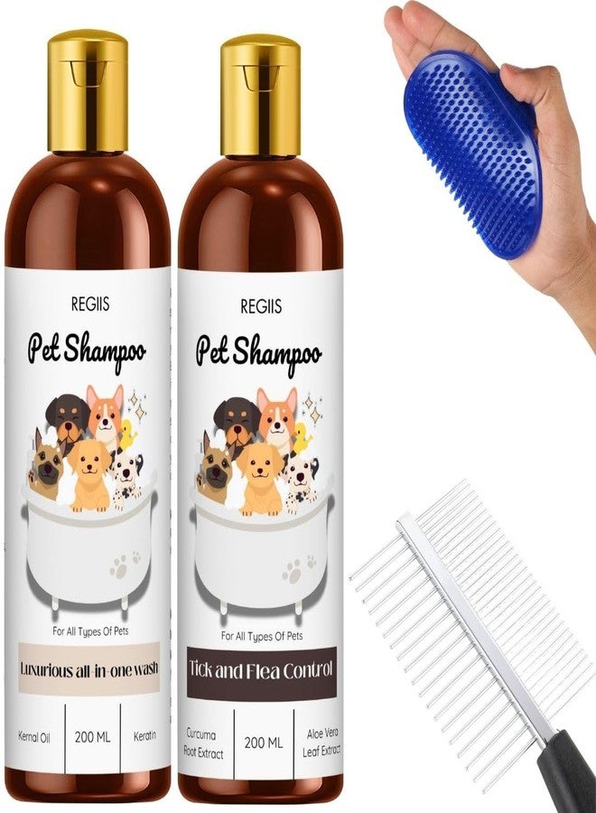 مجموعة شامبو ريجيس للحيوانات الأليفة مع فرشاة ومشط للعناية، لمكافحة القراد والبراغيث، غسول شامل، 200 مل، عبوة من 4 قطع - Image 1